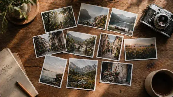 Stampe fotografiche di paesaggi sparse su un tavolo di legno, accanto a una macchina fotografica