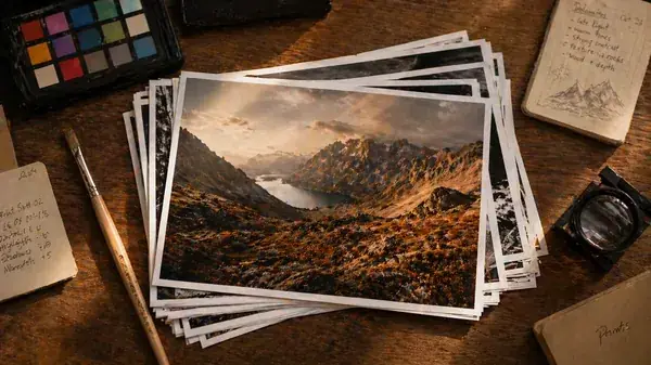 Pila di stampe fotografiche di paesaggi su una scrivania