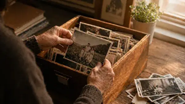 Mani che sfogliano stampe fotografiche conservate in una scatola di legno