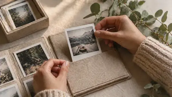 Mani che sistemano piccole stampe fotografiche accanto a un album