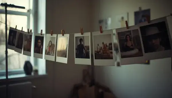 Stampe fotografiche appese con le mollette a un filo davanti a una finestra