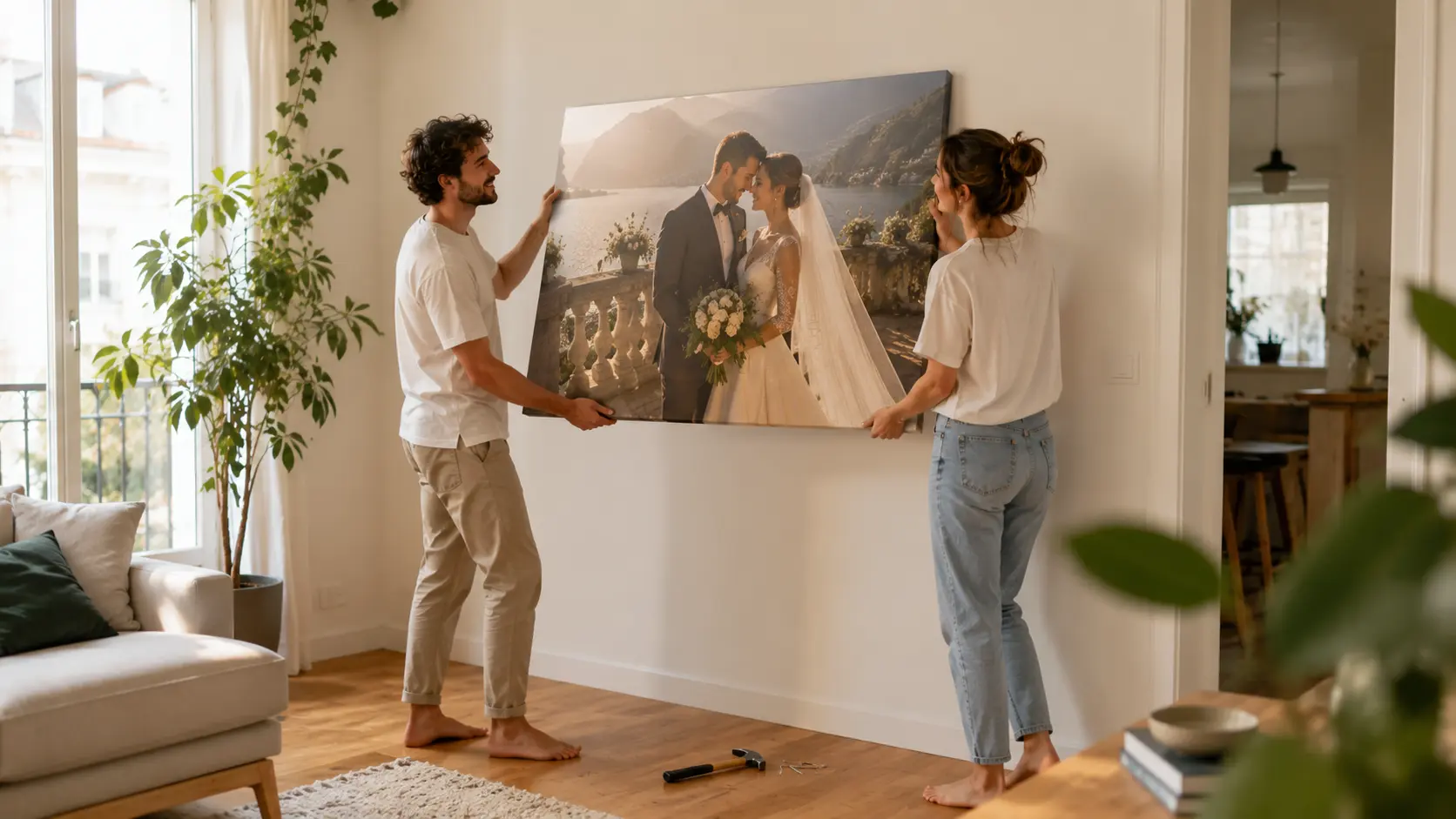 A couple hanging a large canvas print of their wedding photo